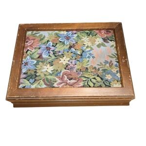 Vintage Jewelry Box Wood London Leather Co Floral Tapestry Red Velvet Lining